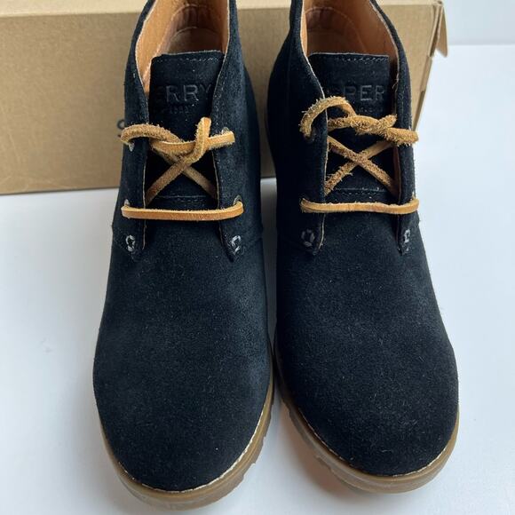 Sperry Topsider Stella Prow Leather Black Wedge Ankle Boots - Picture 2 of 10